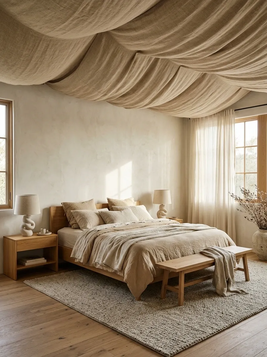 Organic Modern Bedroom With Sand-Colored Linen Ceiling Fabric