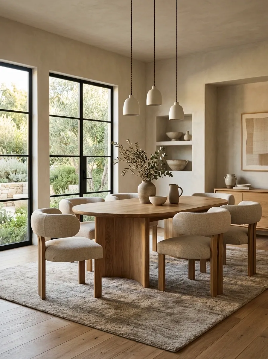 Organic Modern Dining Room With a Soft Stone-Toned Rug