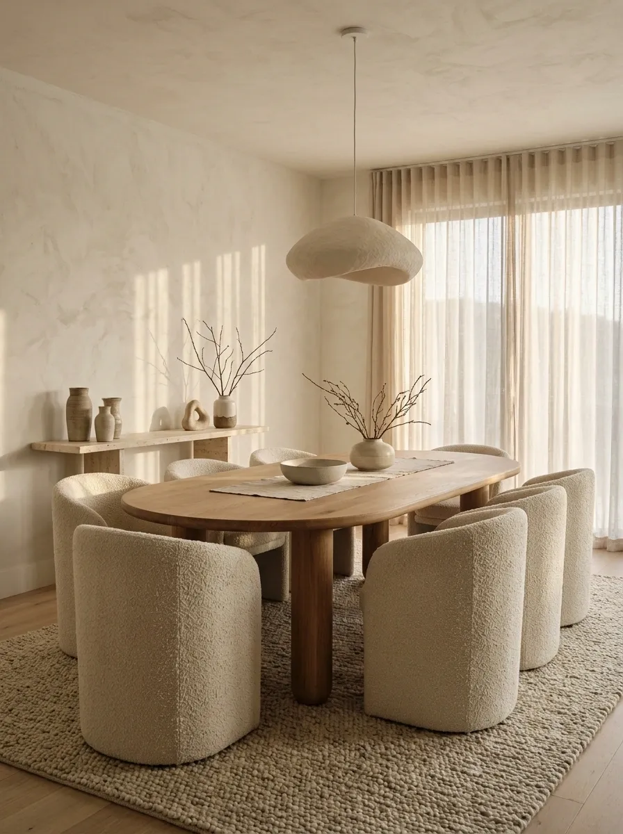 Organic Modern Dining Room With Travertine and Warm Wood