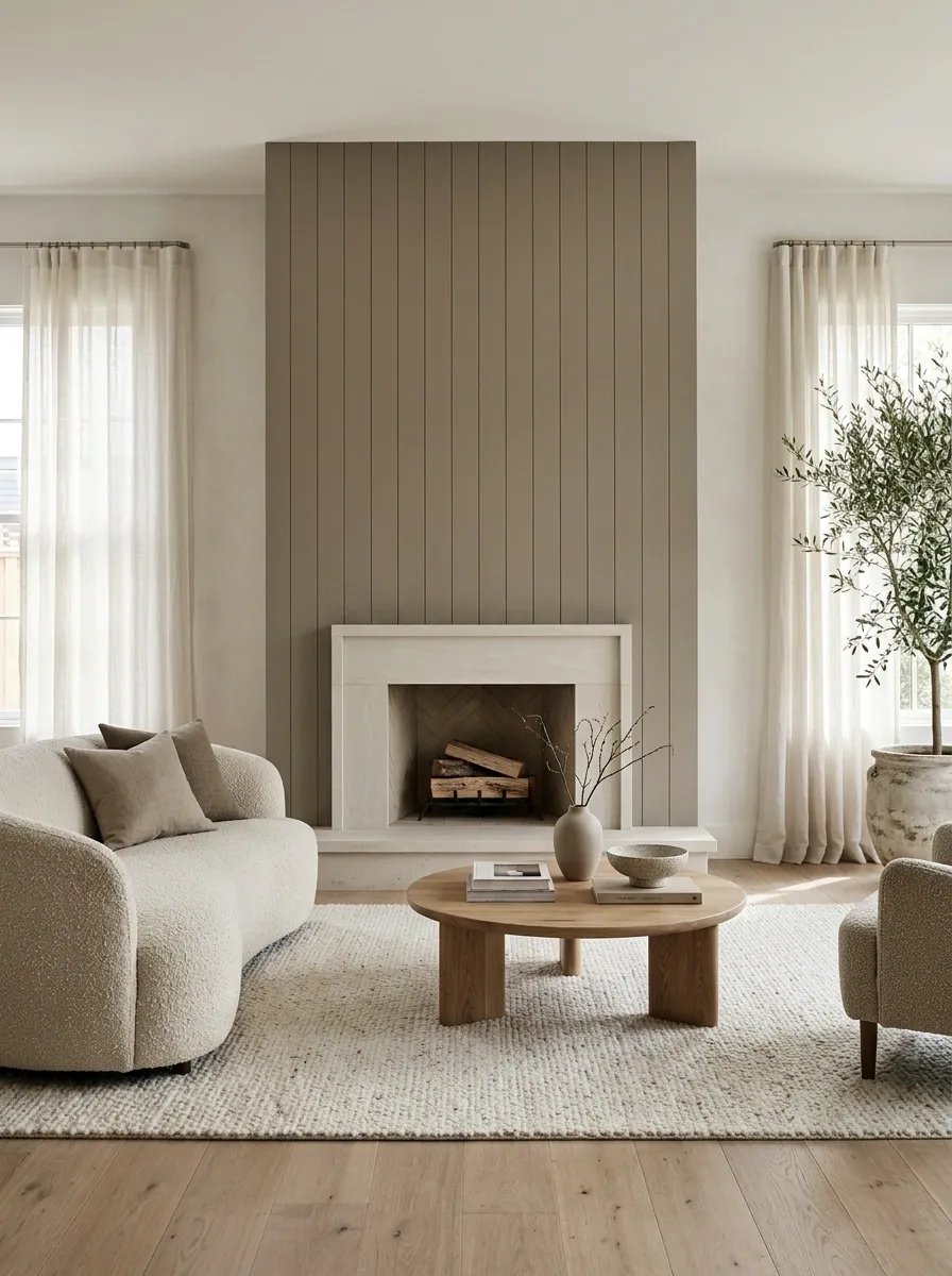 Organic Modern Fireplace in Mushroom-Tone Shiplap