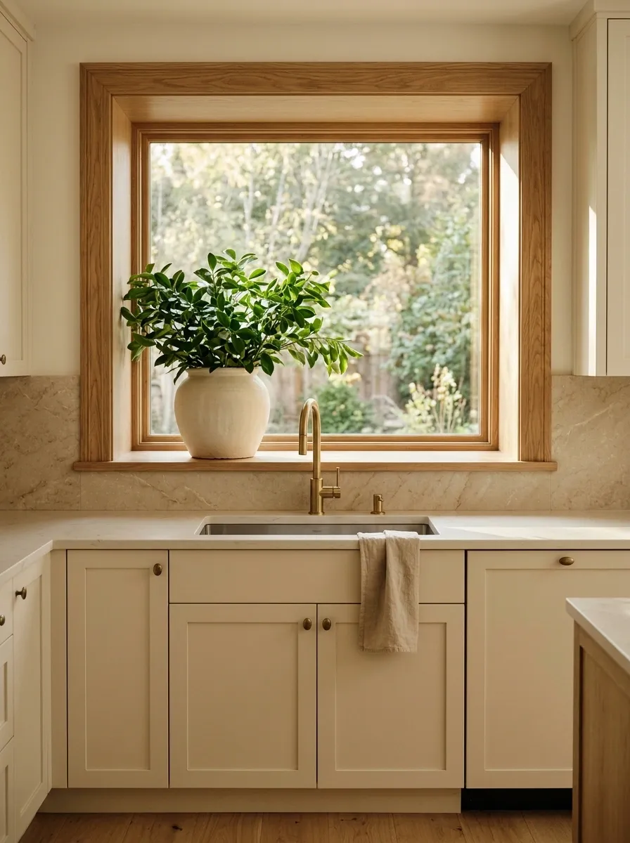 Organic Modern Kitchen With Oak Window Trim