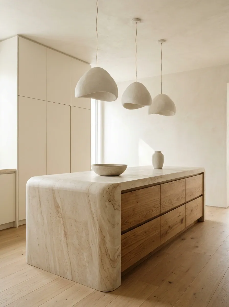 Organic Modern Kitchen With Plaster Walls and a Sculptural Island
