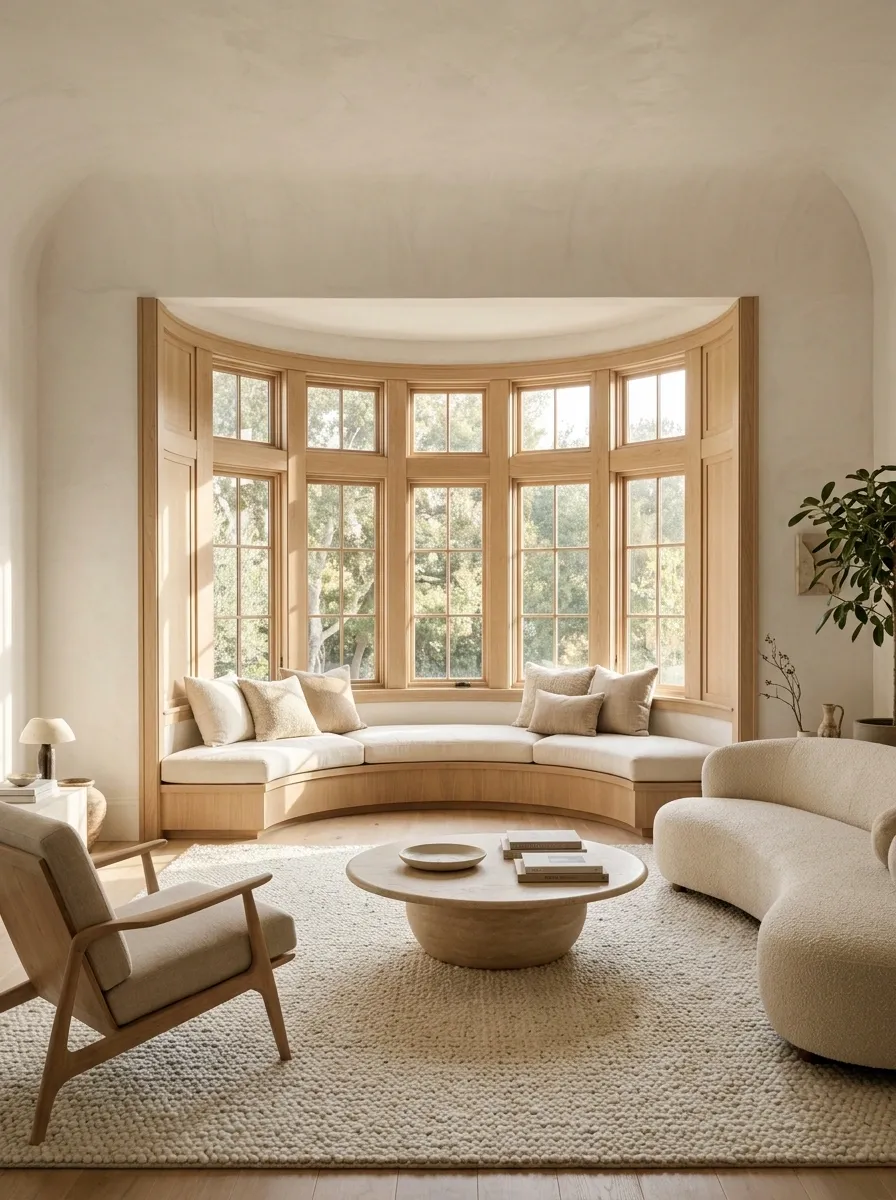 Organic Modern Living Room With a Curved Oak Window Seat