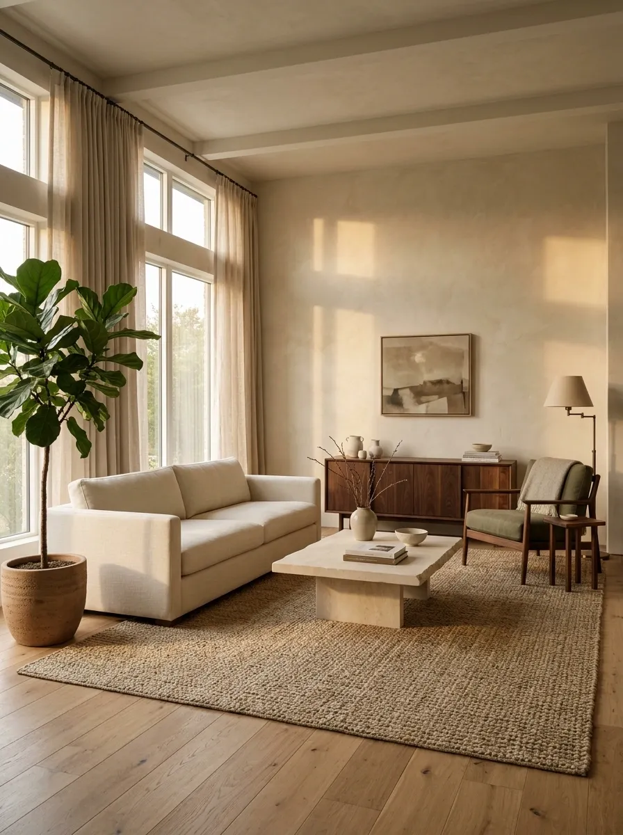 Organic Modern Living Room With Limestone, Walnut, and Olive Textiles