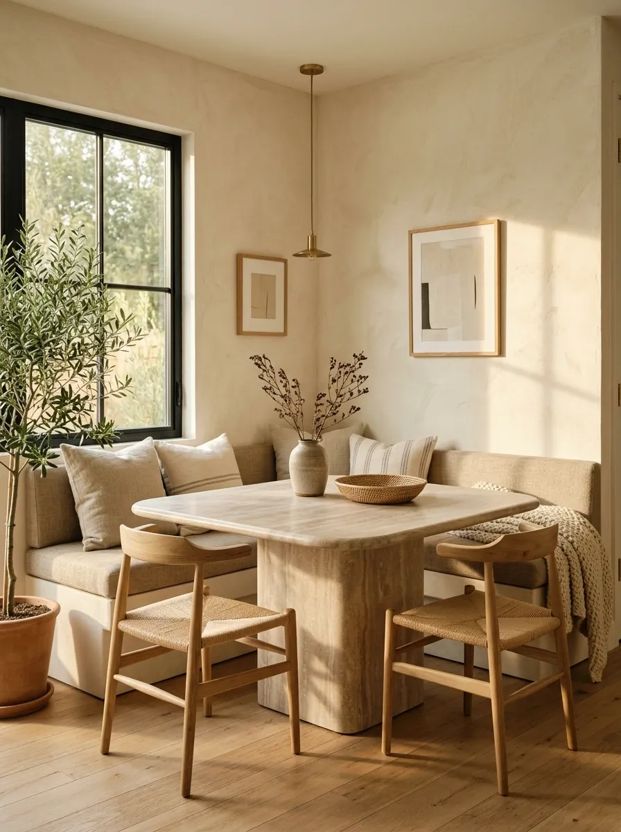 Organic Modern Nook With Stone Table and Natural Wood