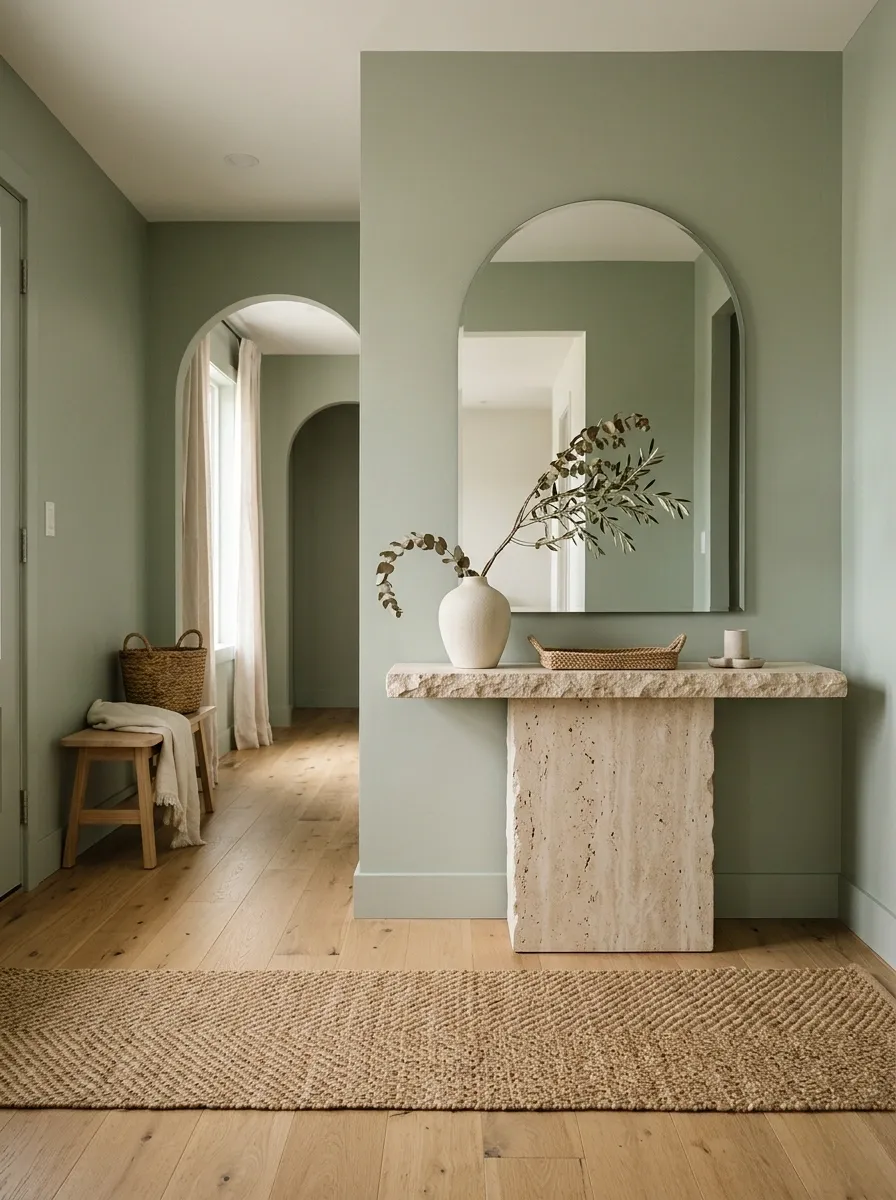 Organic Modern Sage Foyer With Travertine and Light Oak