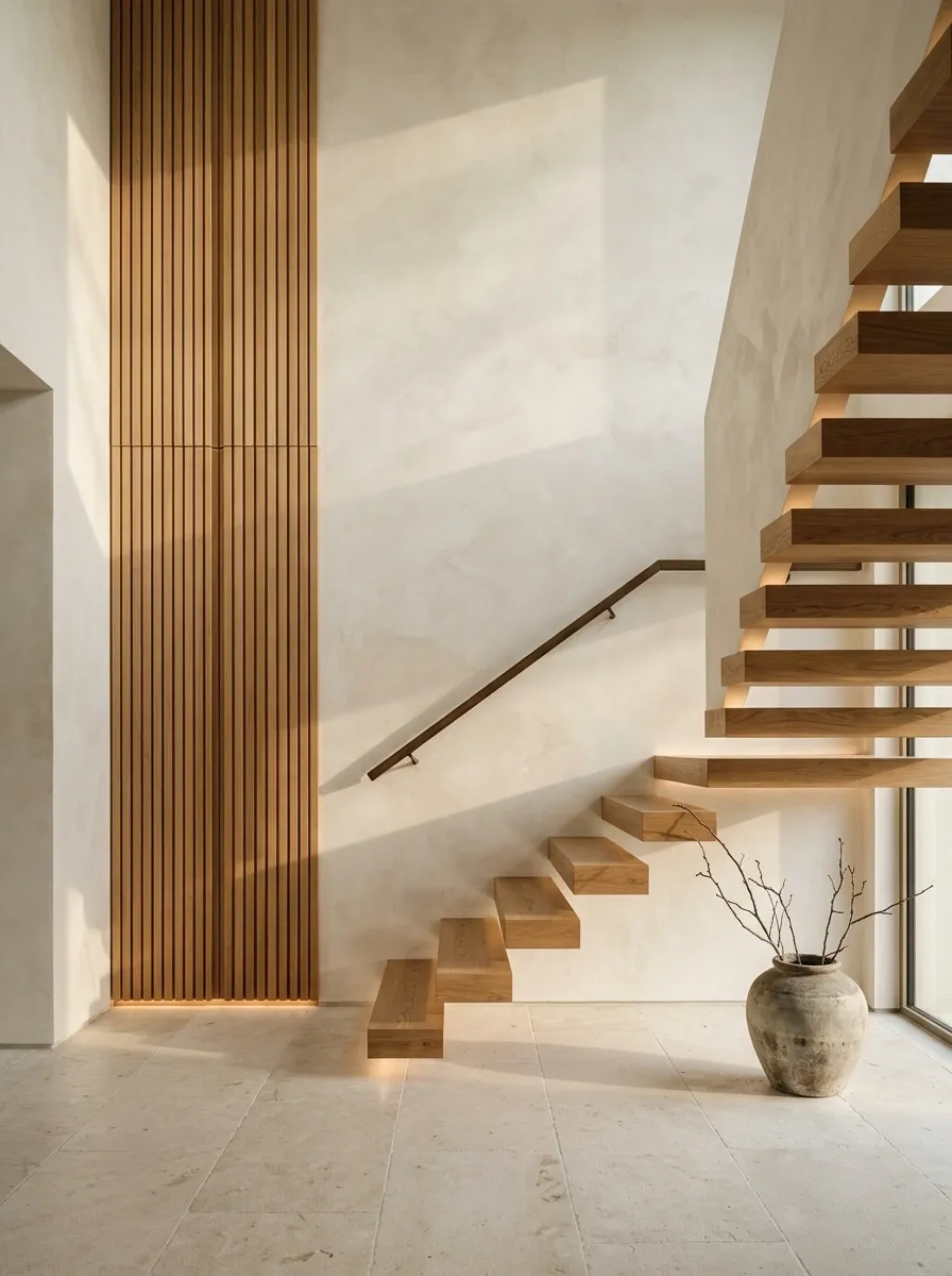 Organic Modern Staircase With Textured Plaster and Oak Panels