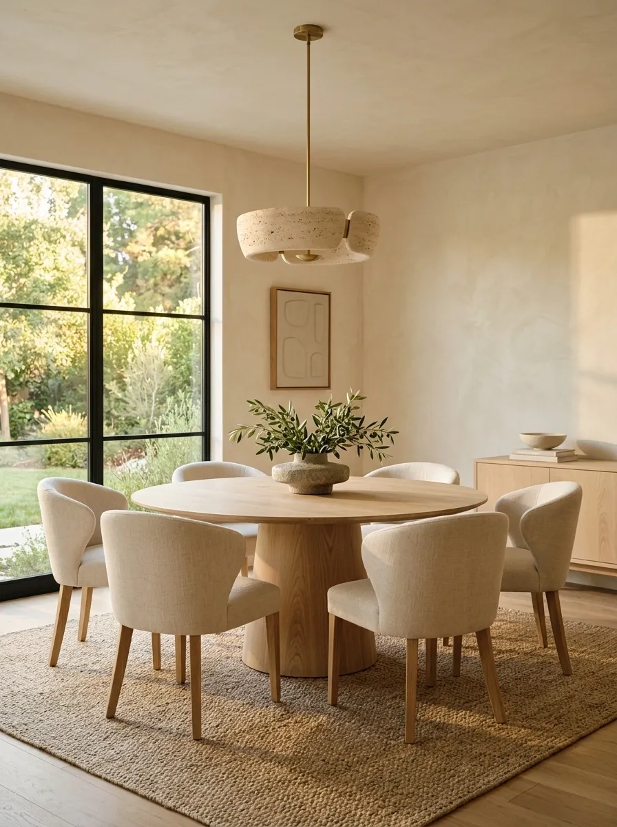 Organic Modern Table With Travertine, Oak, and Olive Branches