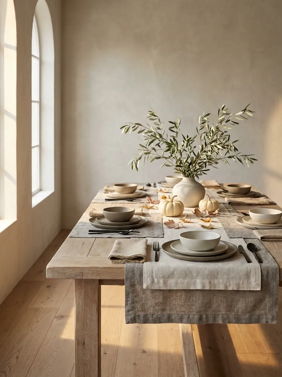 Organic Modern Thanksgiving Table With Stoneware and Olive Branches