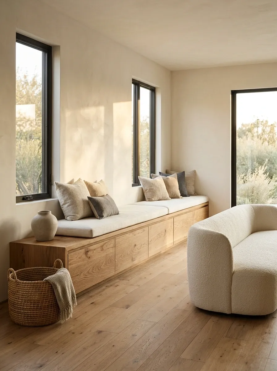 Organic Modern Window Bench With Deep Oak Drawers