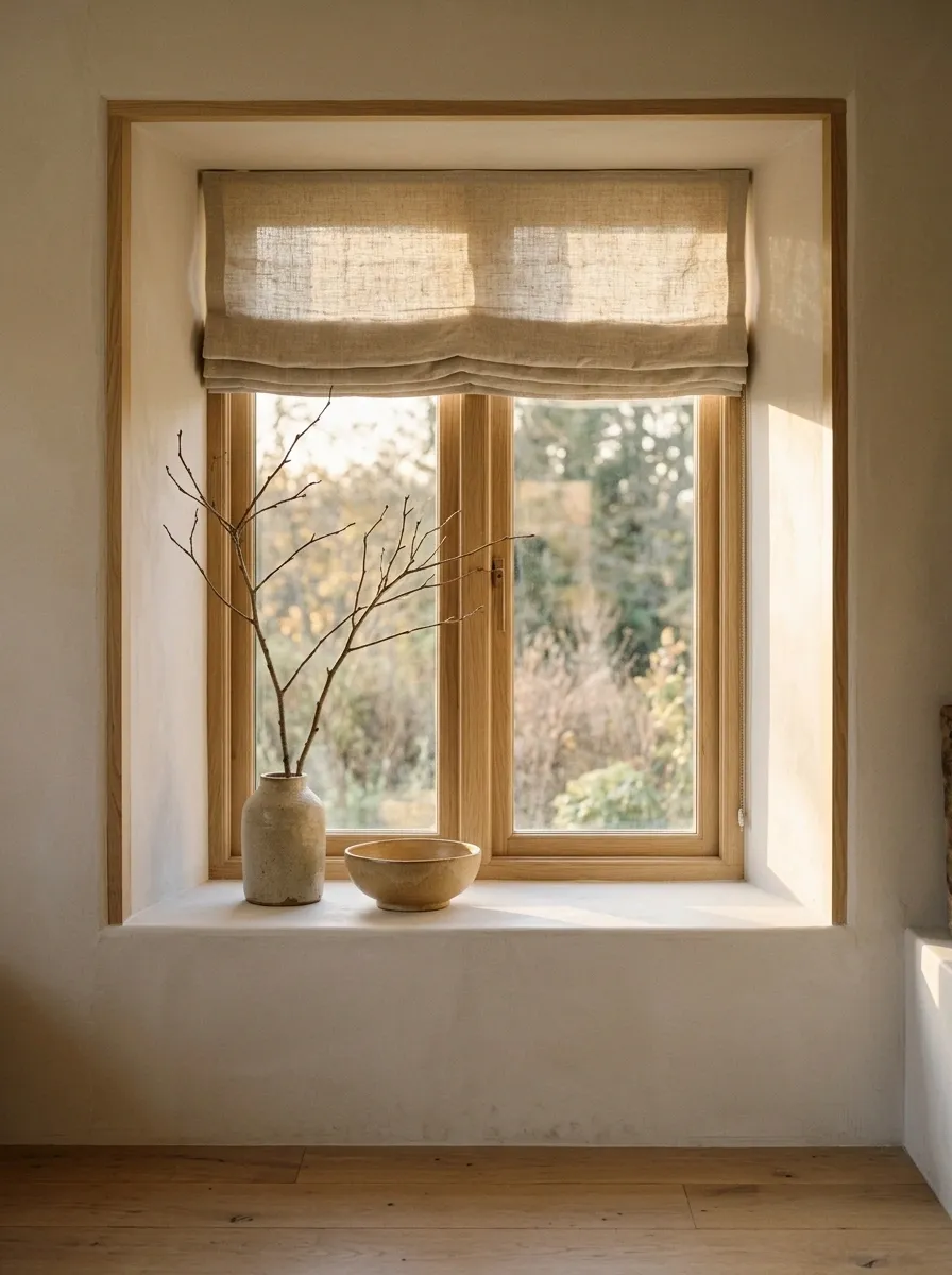 Organic Neutral Window With Stoneware and Natural Branches
