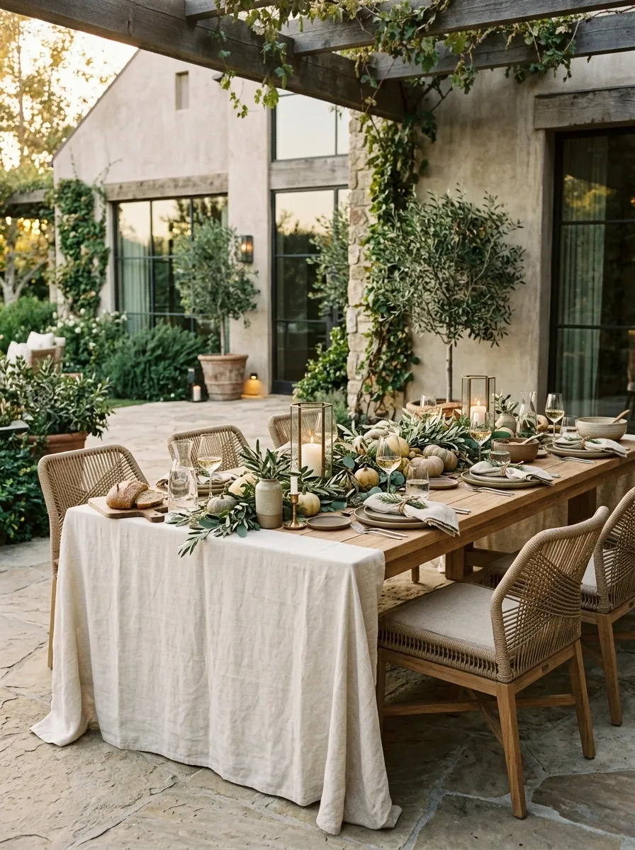 Outdoor Thanksgiving on a Patio With Linen and Lanterns