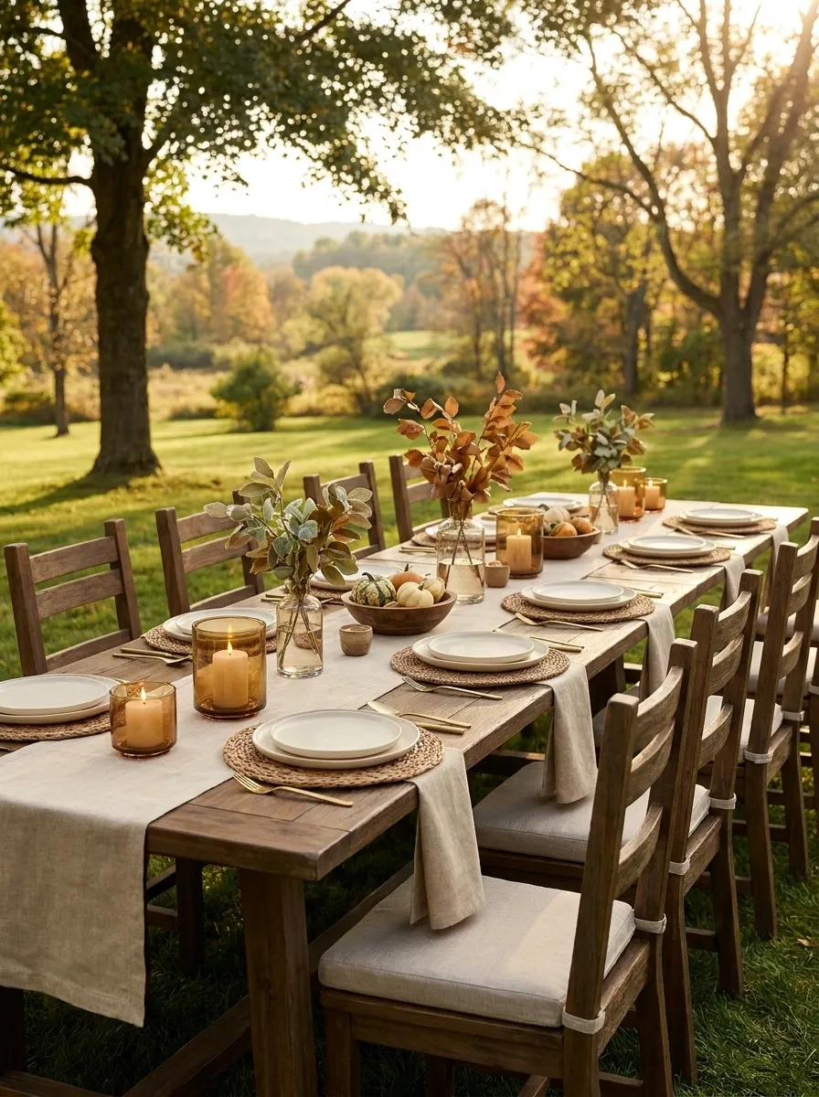 Outdoor Thanksgiving Tablescape With Woven Textures and Foliage