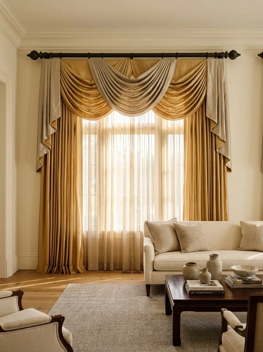 Overlapping Swags in Warm Gold for a Traditional Living Room