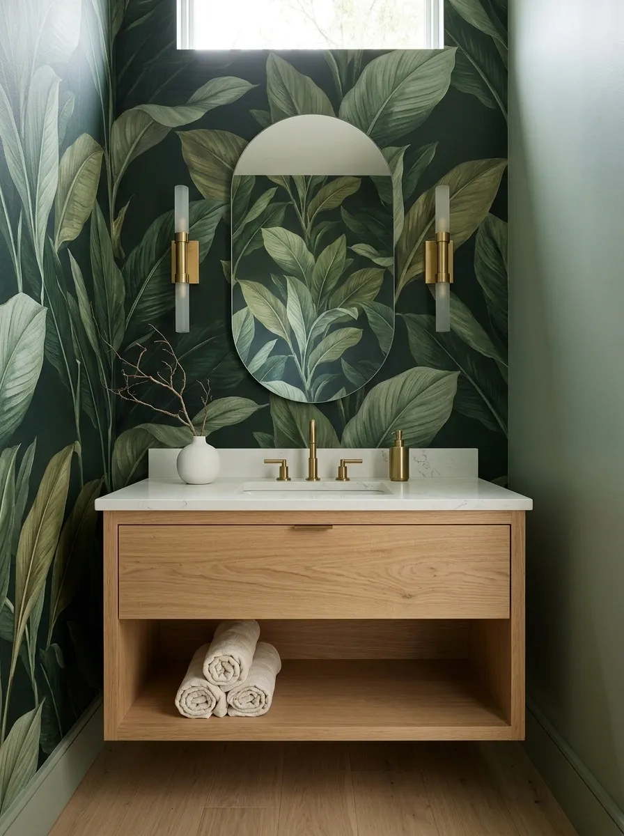 Oversized Botanical Wallpaper With a Minimal Vanity