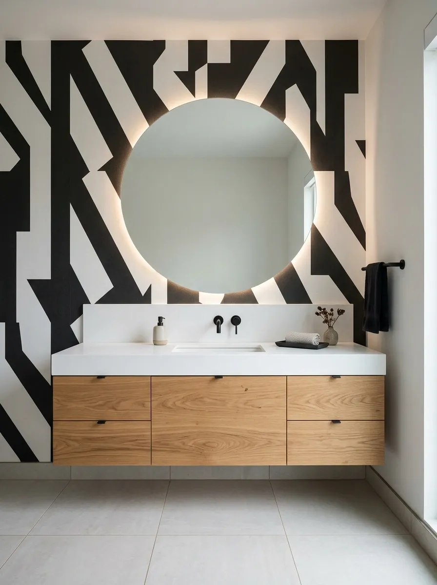 Oversized Geometric Wallpaper With a Floating Oak Vanity