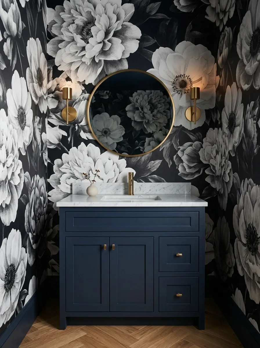 Oversized Monochrome Florals in a Compact Powder Room