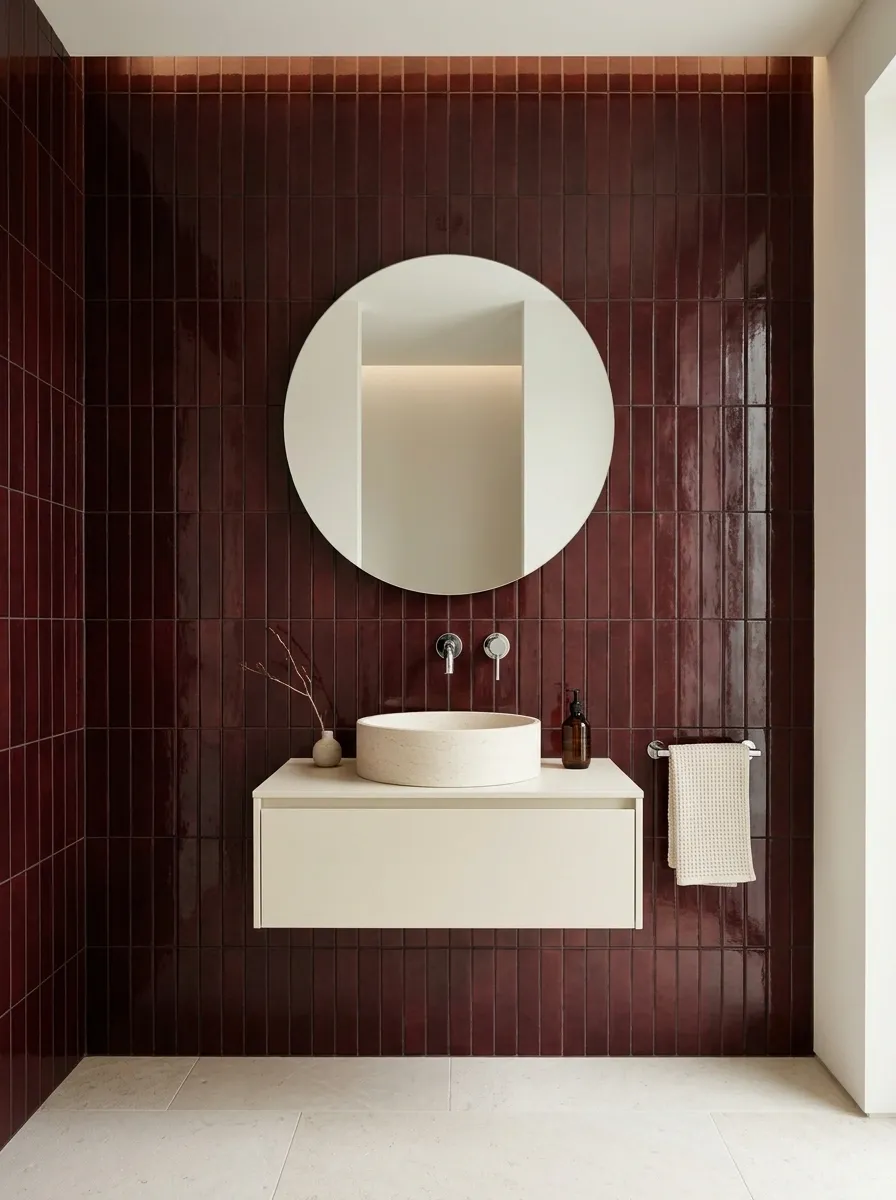 Oxblood Stacked Tile With a Pale Basin