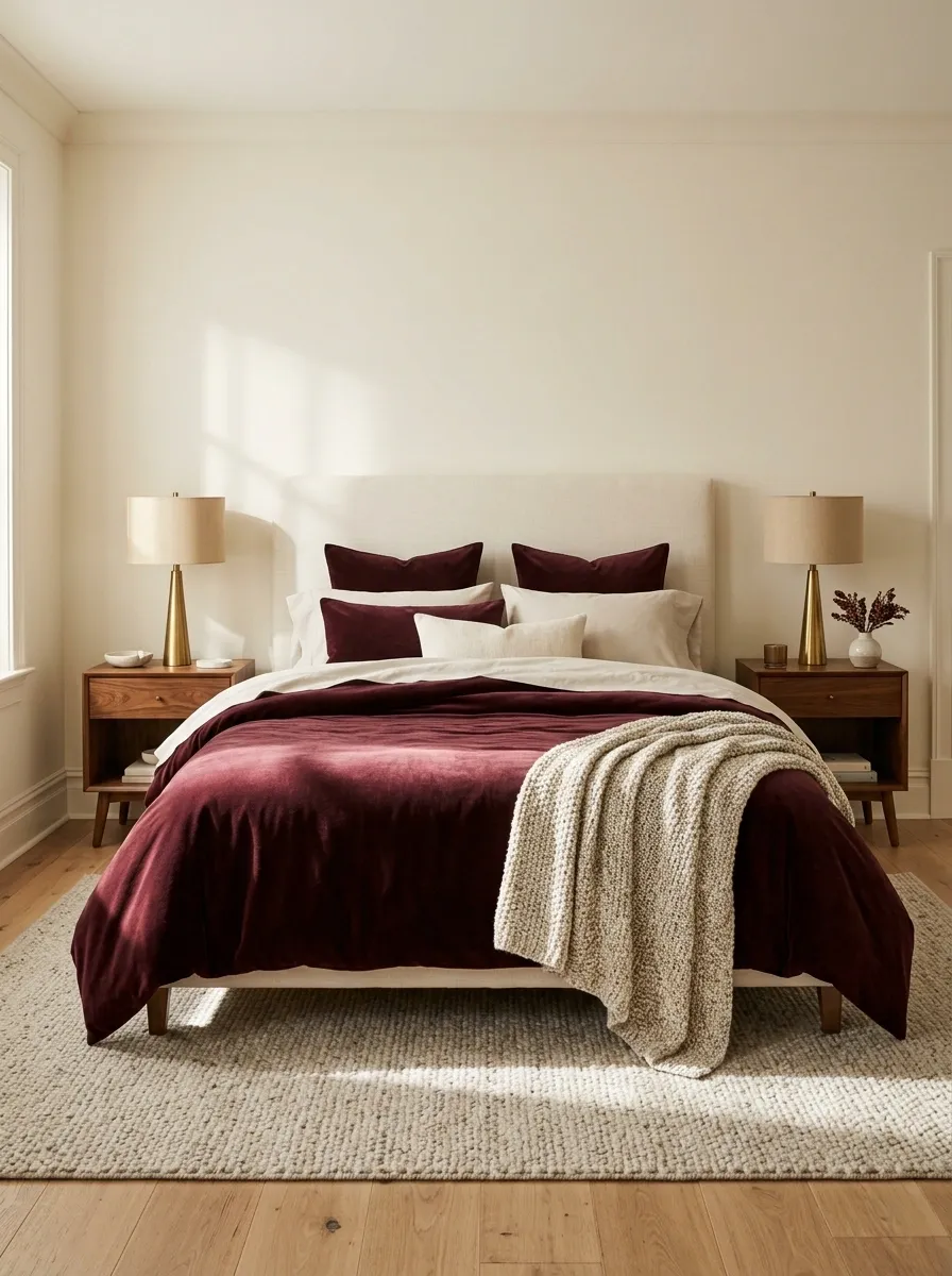 Oxblood Velvet Bedding With Warm Walnut Furniture