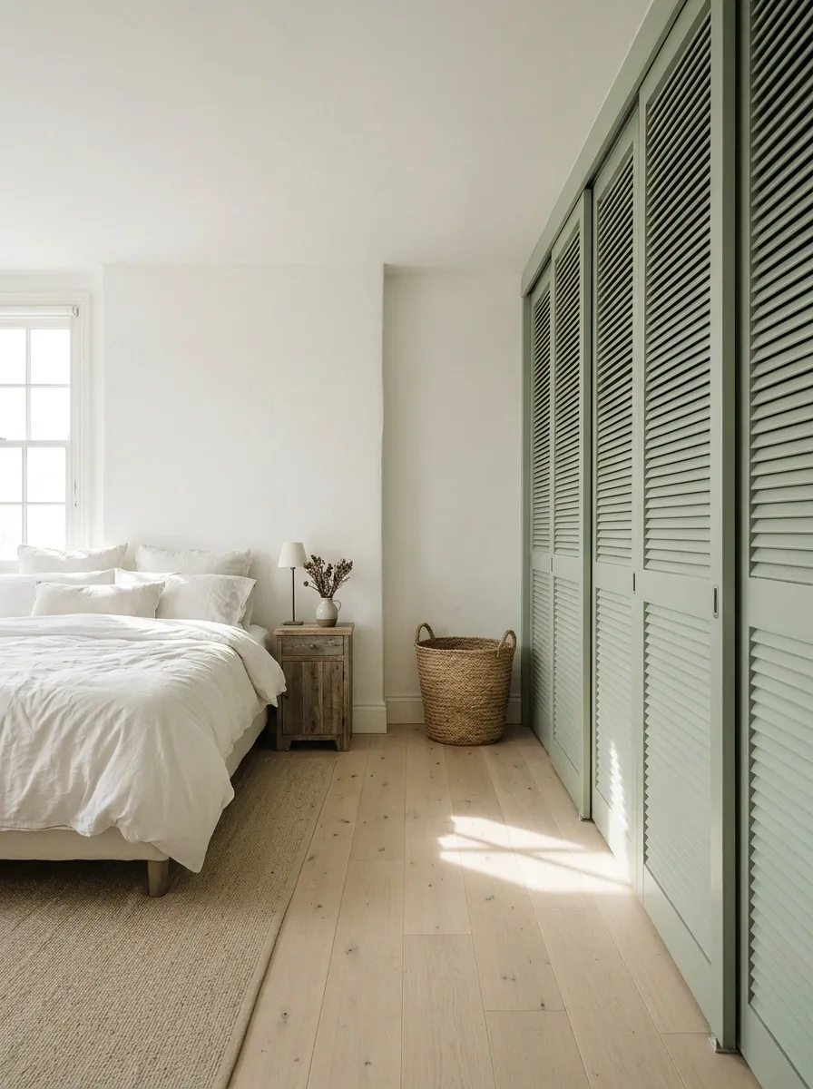 Painted Louvered Panels in a Breezy Cottage Bedroom