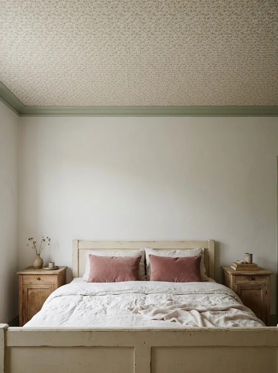 Painted-Trim Floral Ceiling in a Romantic Cottage Bedroom