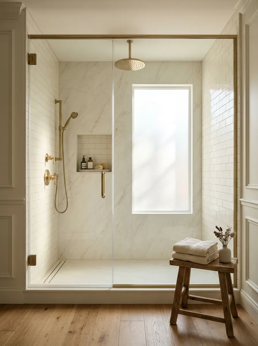 Pair Brass Fixtures With Warm White Tile