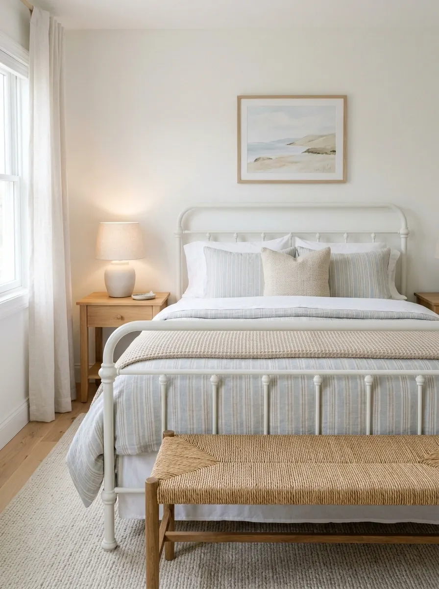 Pale Blue and Beige Stripes in a Fresh Guest Bedroom