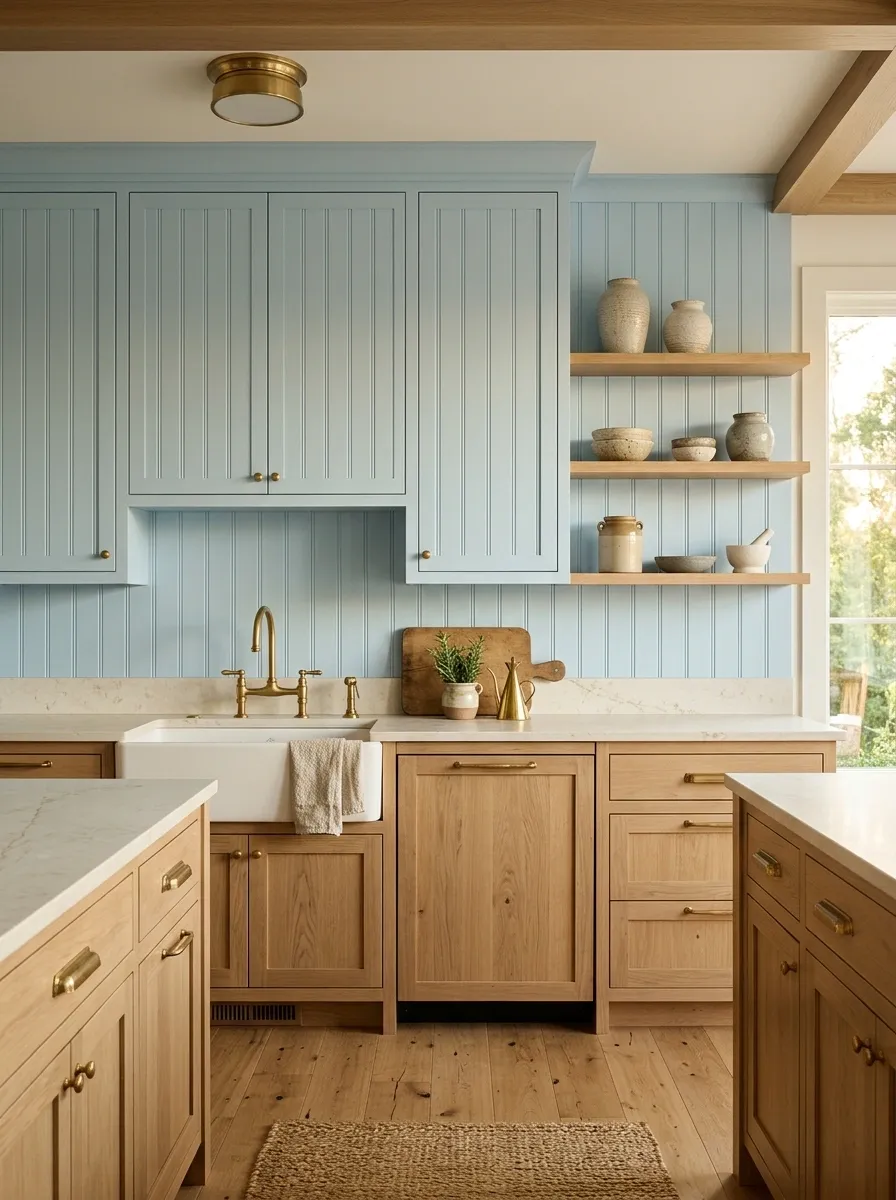Pale Blue Beadboard Kitchen With Natural Oak and Cream Stone