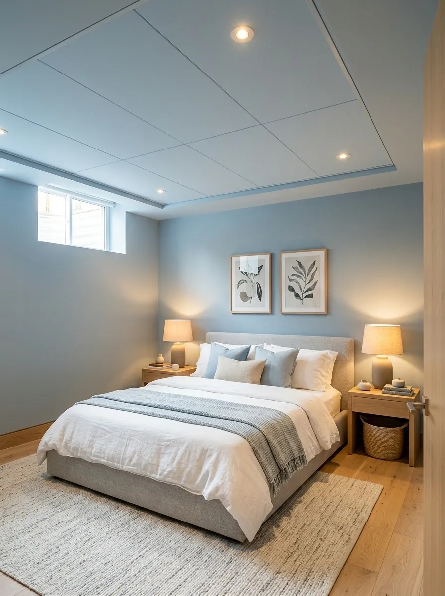Pale Blue Drop Ceiling in a Relaxed Guest Bedroom