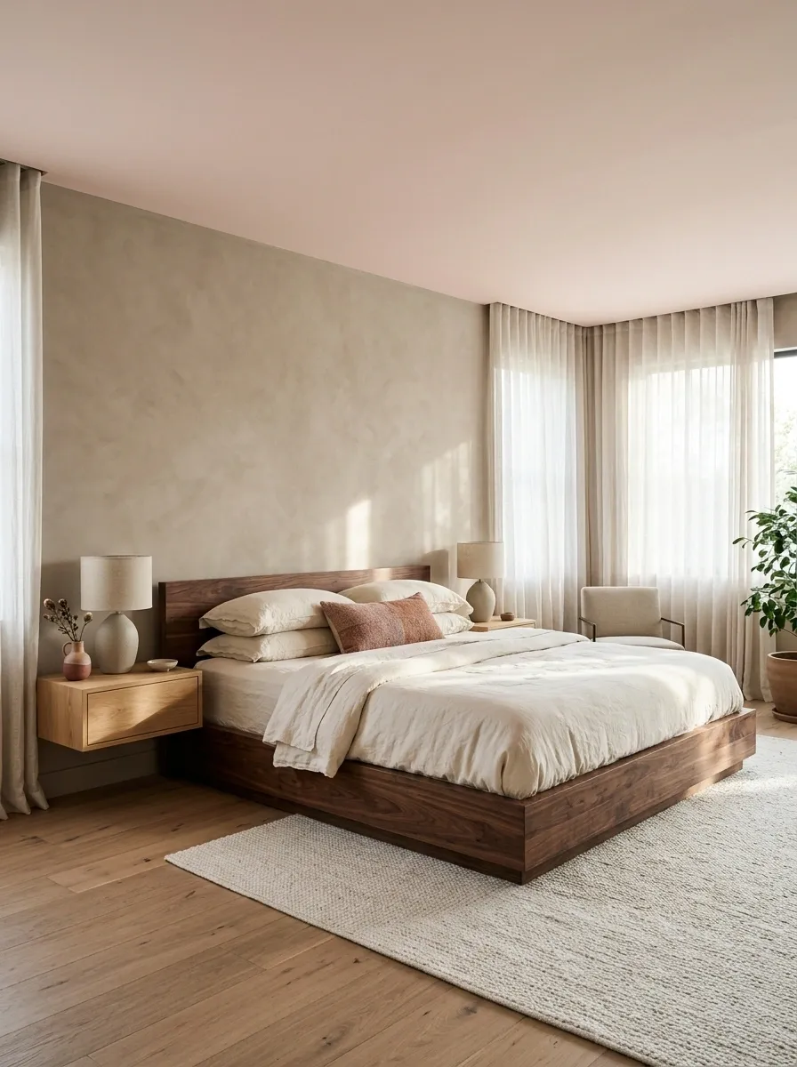 Pale Blush Ceiling With Taupe Walls and Walnut Furniture