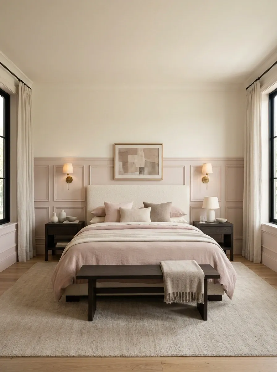 Pale Blush Wainscoting in a Sophisticated Contemporary Bedroom