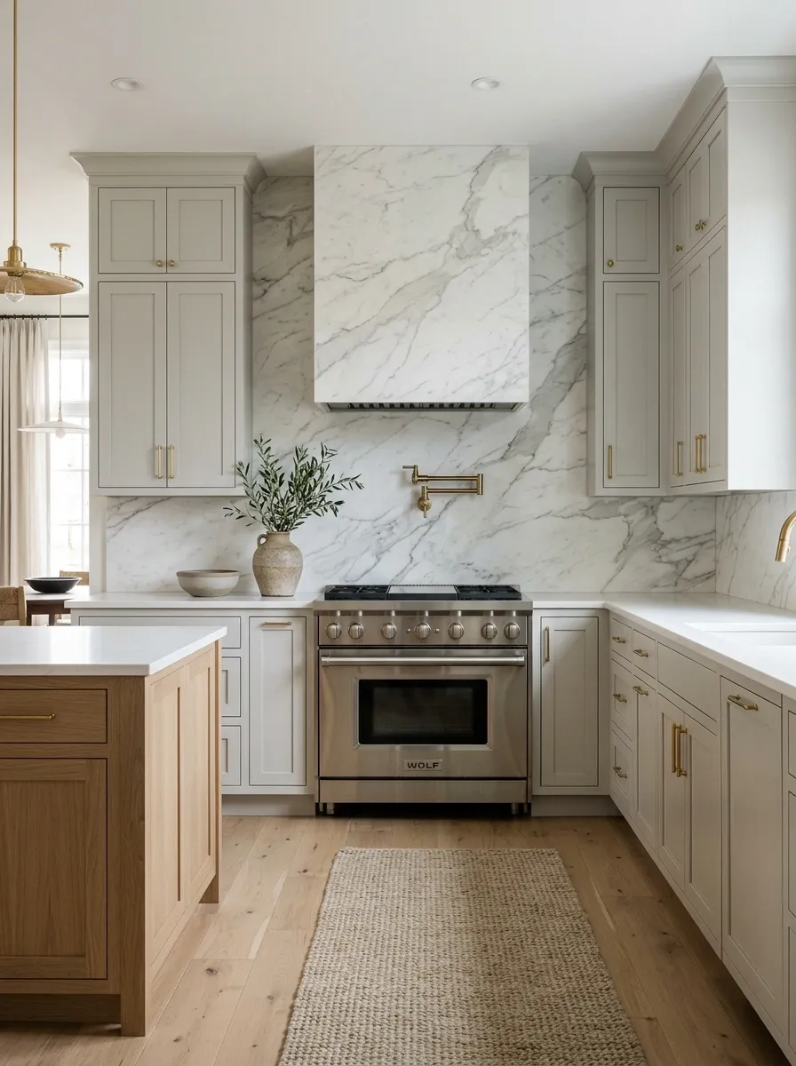 Pale Gray Cabinets With a White Marble Focal Wall