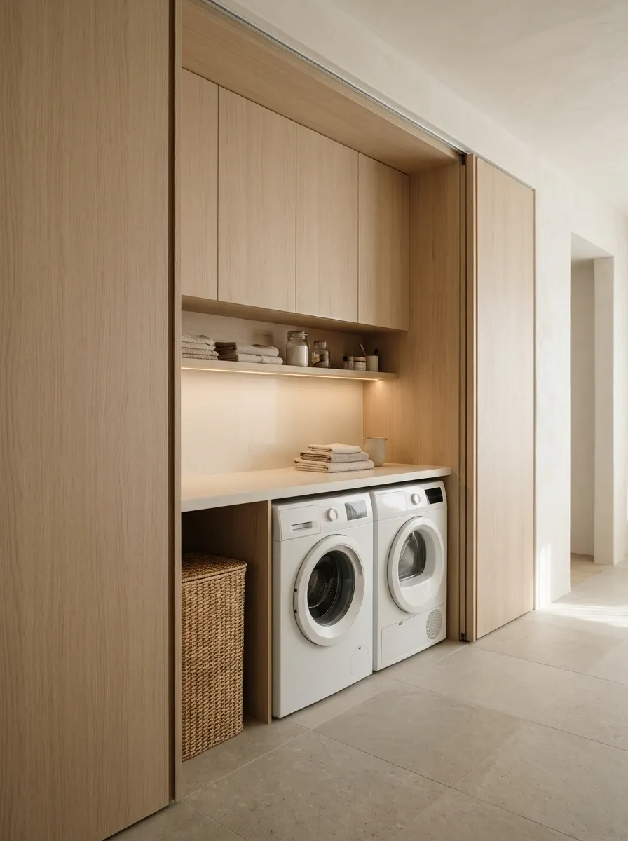Pale Oak Laundry Closet With Sliding Doors and a Folding Counter