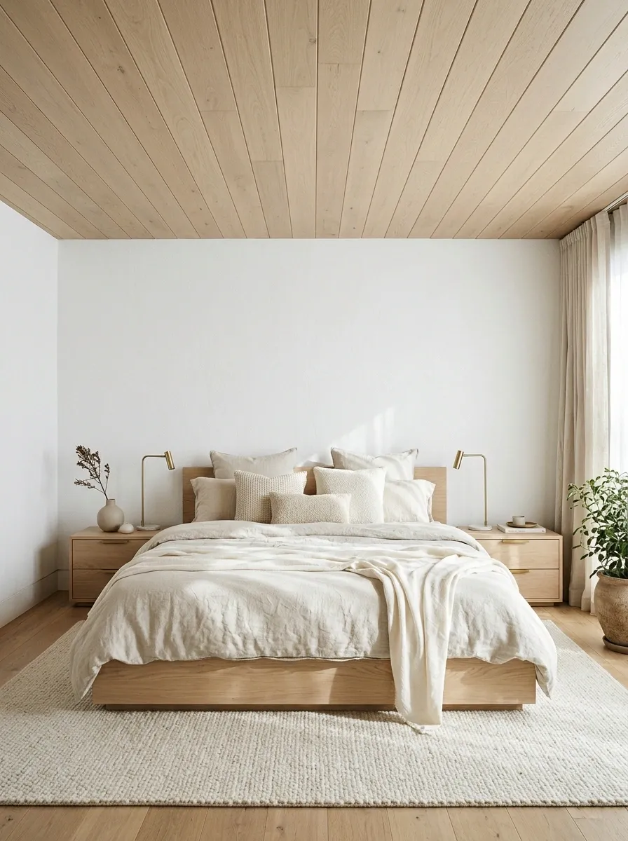 Pale Oak Plank Ceiling in a Low-Ceiling Bedroom