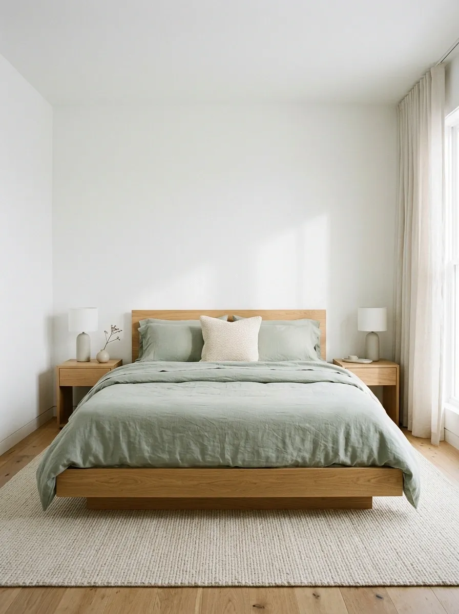 Pale Sage Bedding in a Minimal Oak Bedroom