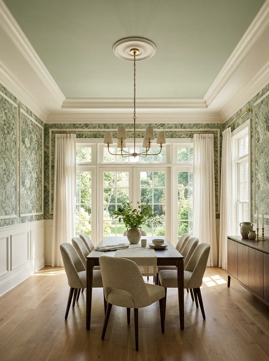 Pale Sage Ceiling With Floral Wallpaper in a Garden Dining Room