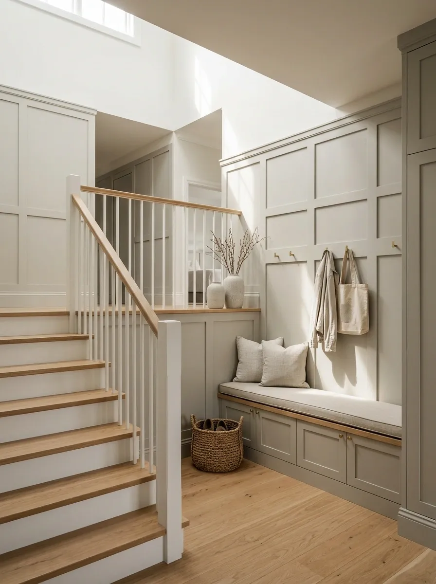 Paneled Stair Landing With an Integrated Storage Bench
