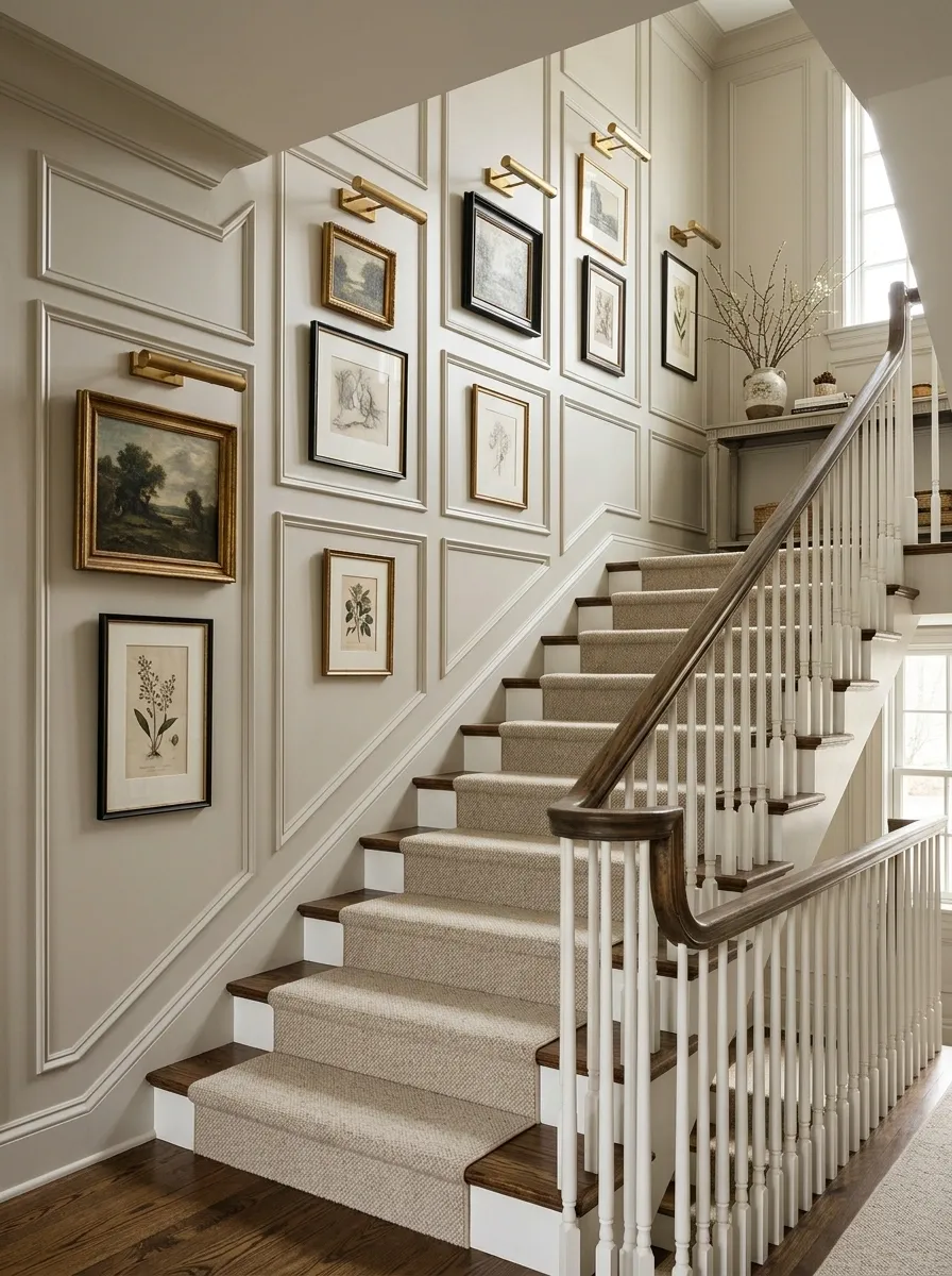 Paneled Staircase Gallery Wall With Integrated Picture Lighting