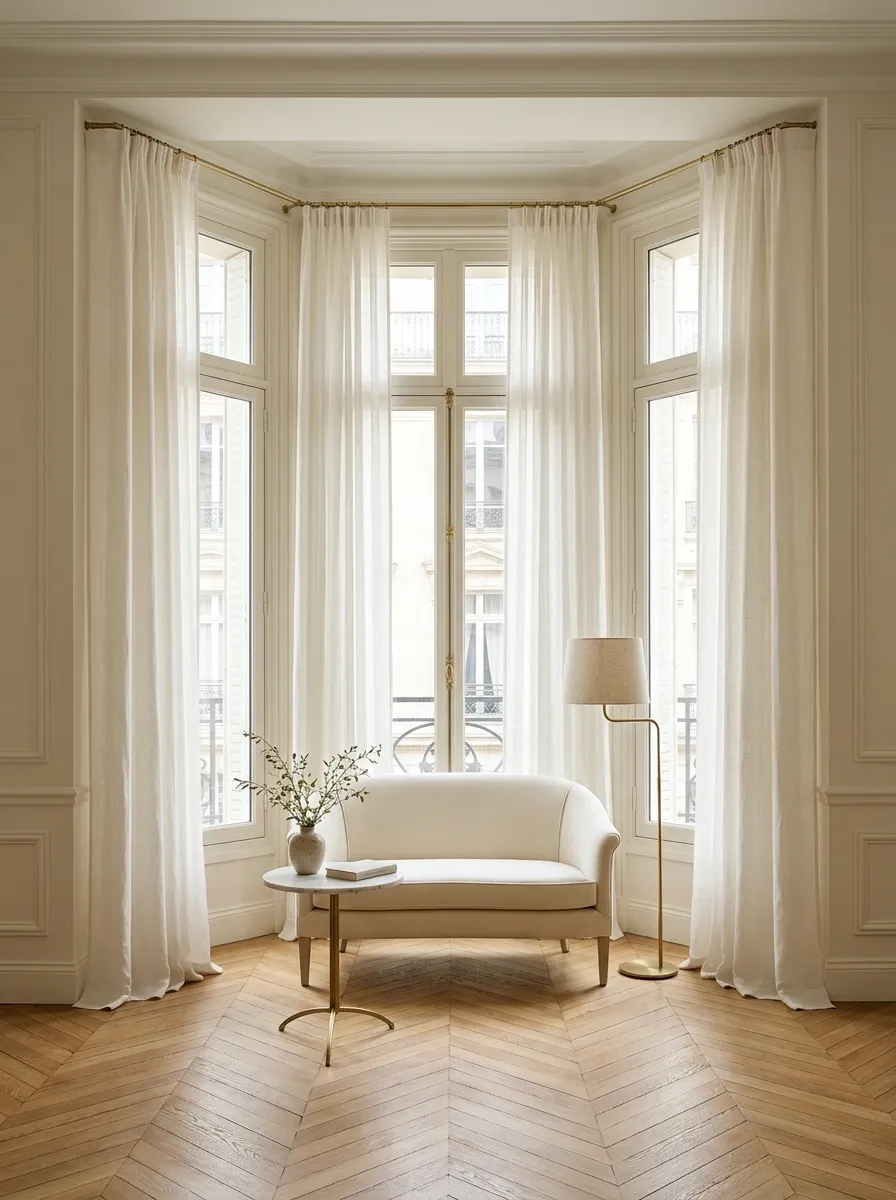 Parisian Apartment Bay Window With Herringbone Floors and Cream Upholstery