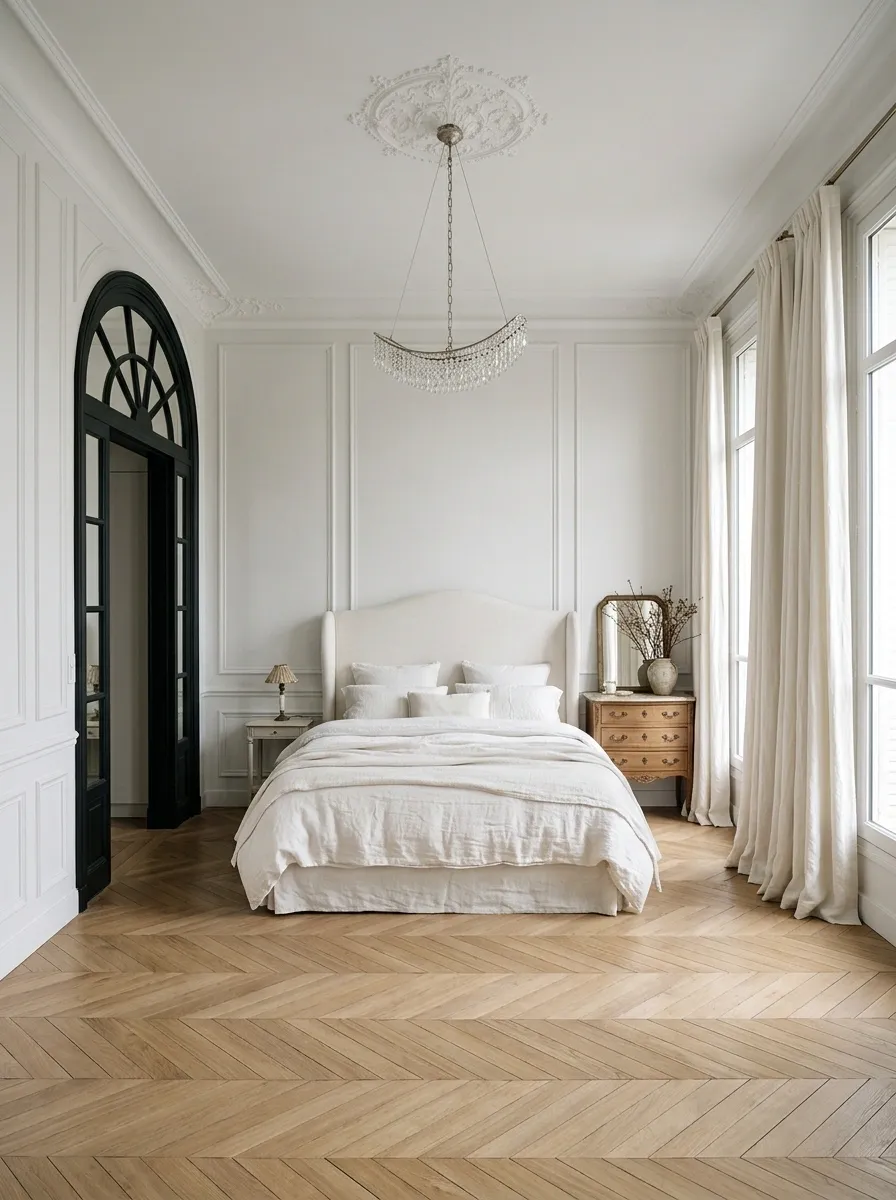 Parisian Bedroom With a Black Arched Doorway and Crystal Chandelier
