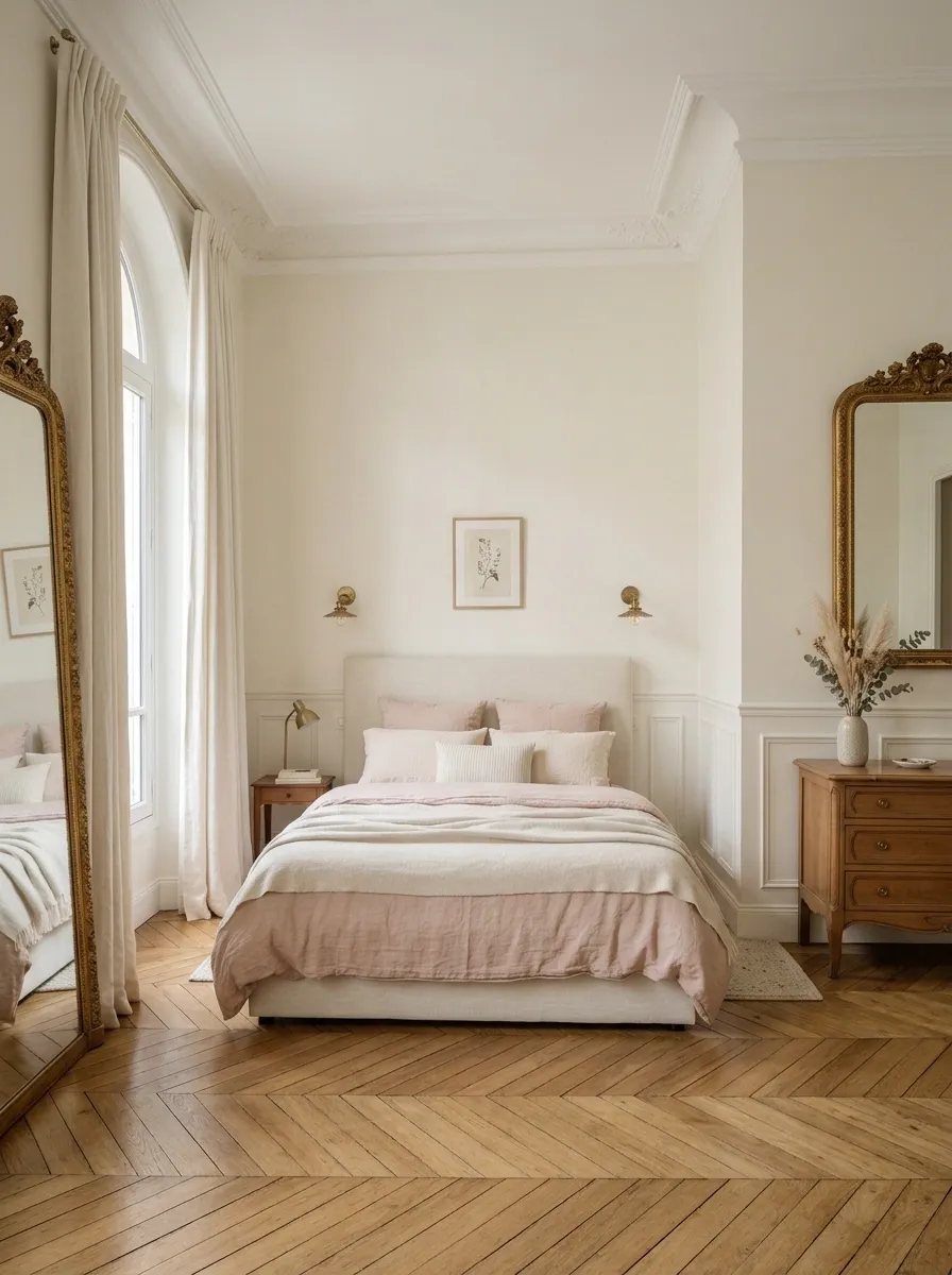 Parisian Bedroom With Tall Curtains, Ornate Mirror, and Pink Linen