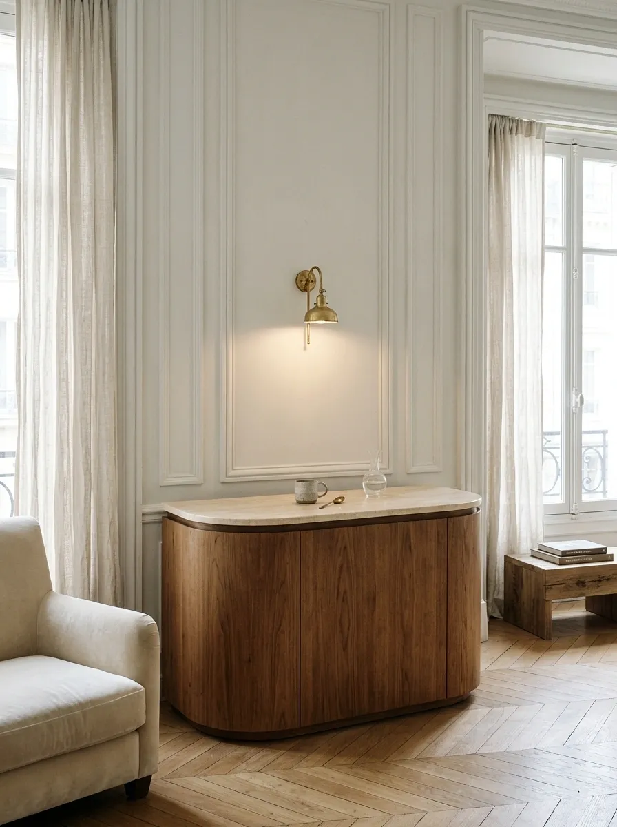 Parisian-Inspired Bedroom With a Curved Beverage Console