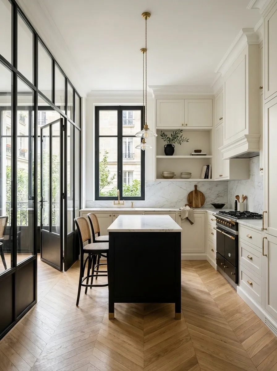 Parisian-Inspired Kitchen With Black-Framed Architecture