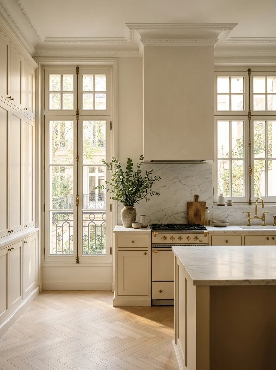 Parisian-Inspired Kitchen With Tall French Casement Windows