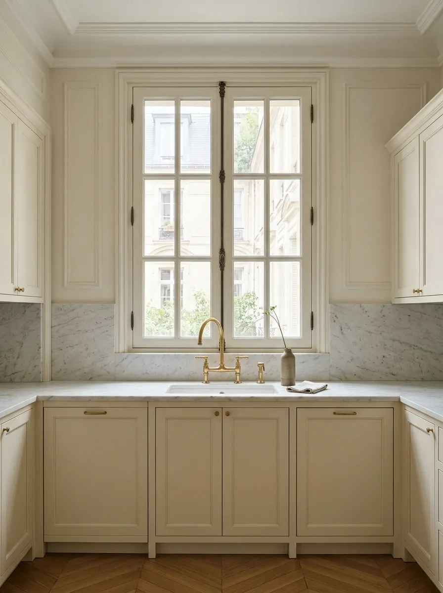 Parisian Kitchen With a Tall Casement Window and Brass Details