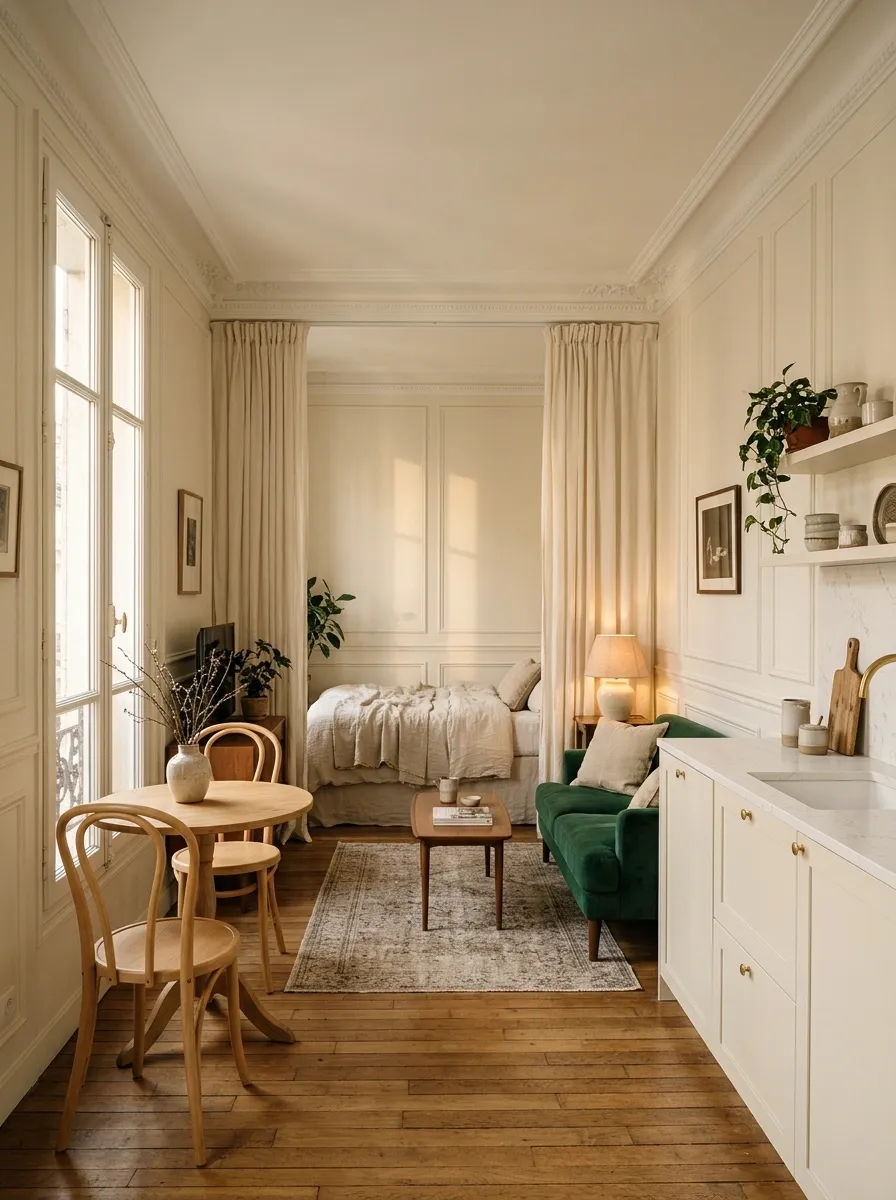 Parisian Studio With a Curtained Bed and Window Bistro Table