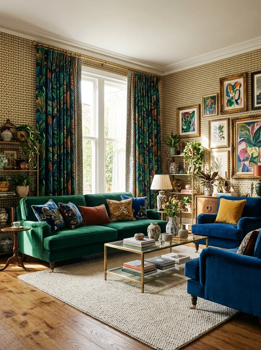 Pattern-on-Pattern Curtains in a Colorful Maximalist Living Room