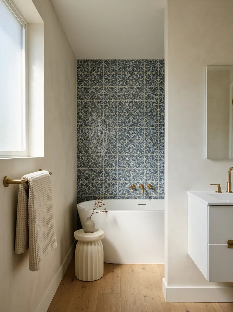 Patterned Feature Wall Behind a Simple Bathtub