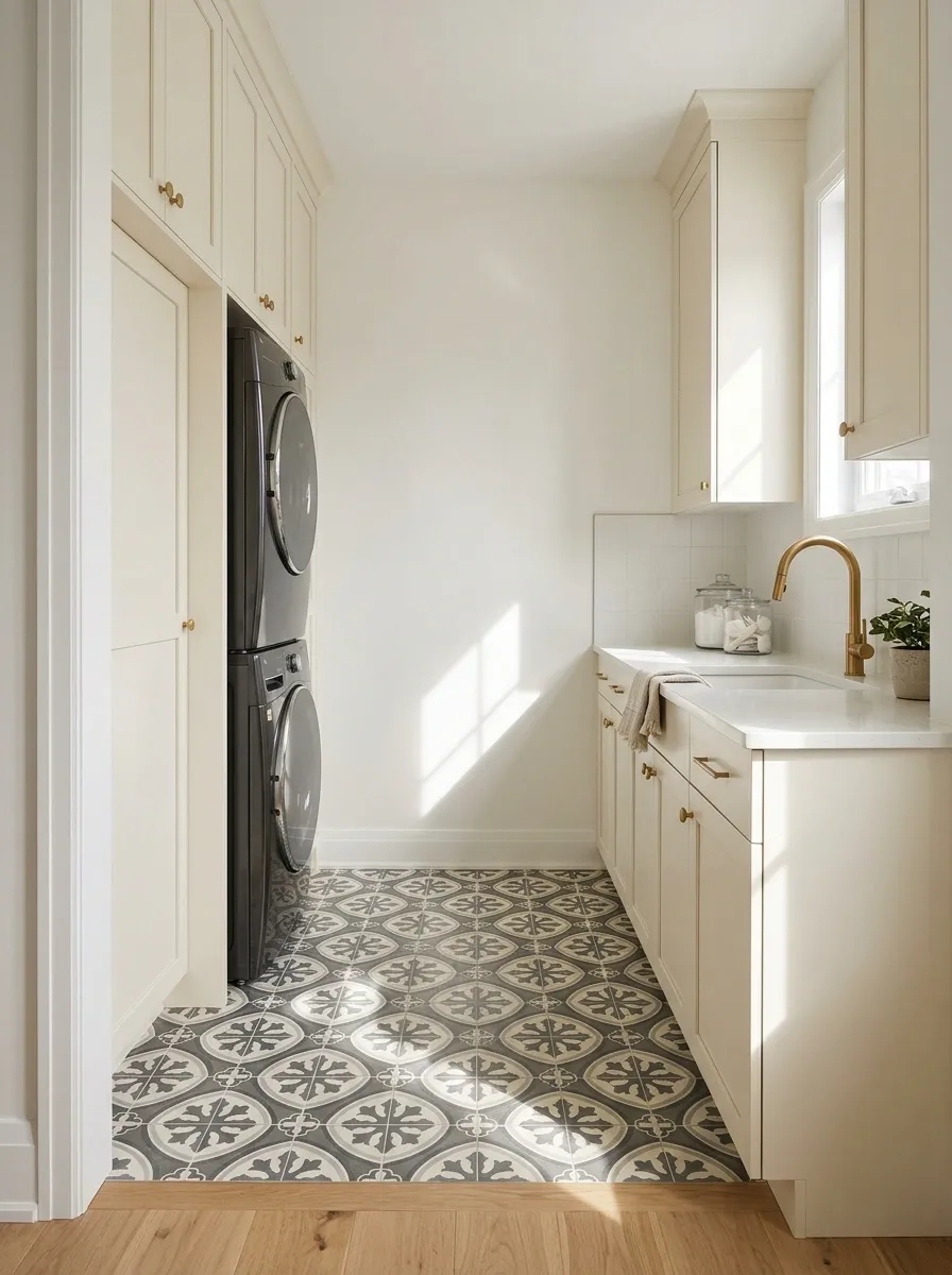 Patterned-Floor Laundry Room With Simple White Cabinetry