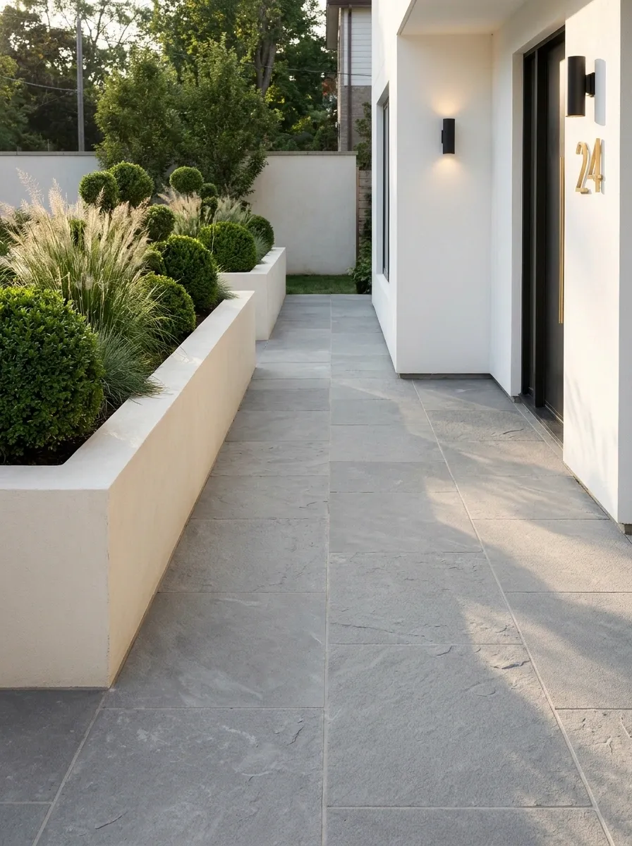 Paved Forecourt With a Single Raised Planter and a Clear Door Approach